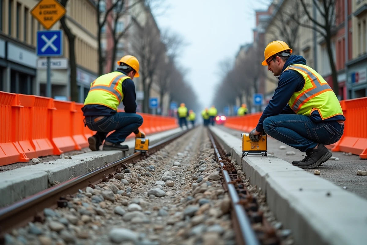 Chantier de travaux pour le tramway lignes E et F à Bordeaux avec ouvriers et rails en cours de pose