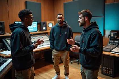 Trio de rap français en studio d'enregistrement à Paris en 2026, discutant de leur nouveau projet musical