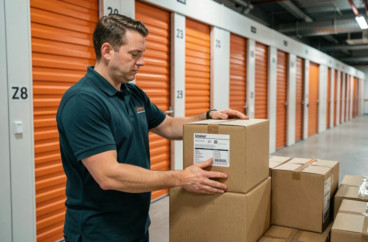 Un déménageur Unimo Déménagement plaçant soigneusement des cartons étiquetés dans un garde-meuble moderne aux portes oranges