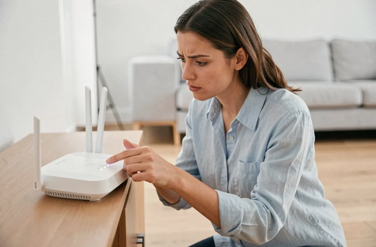 Femme inspectant les voyants d'un routeur WiFi domestique en cherchant une solution de connexion