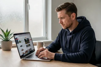 Homme adulte vérifiant l'authenticité d'un site web sur son ordinateur portable dans un bureau à domicile moderne