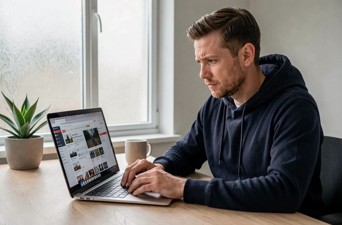 Homme adulte vérifiant l'authenticité d'un site web sur son ordinateur portable dans un bureau à domicile moderne