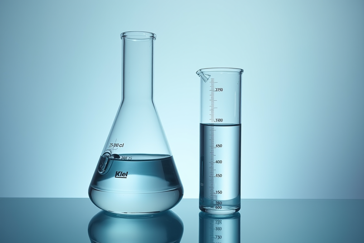 Verre de laboratoire et cylindre rempli à 250 cl et 2500 ml d