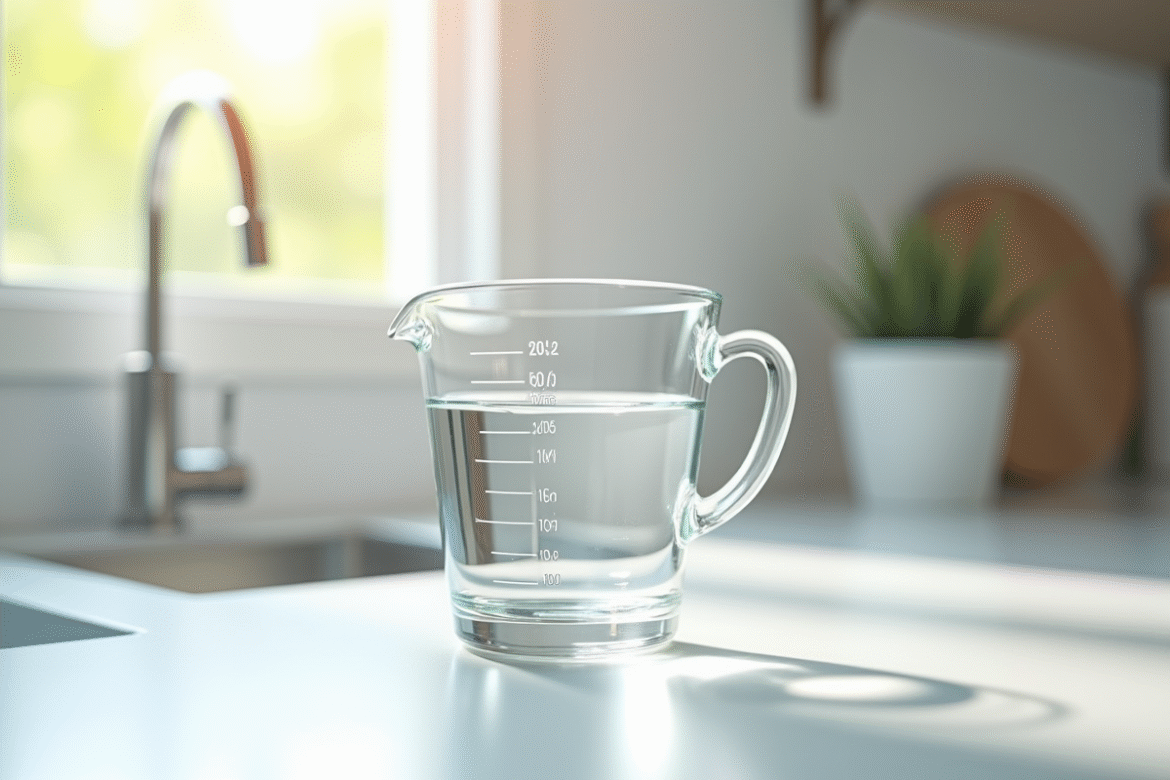 Verre mesureur rempli à 250 cl d'eau sur plan de cuisine lumineux
