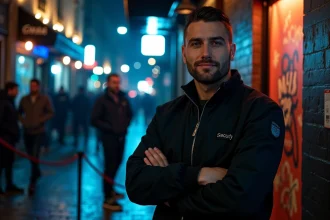 Videur professionnel devant l'entrée d'une boîte de nuit électro à Paris, sécurité en soirée