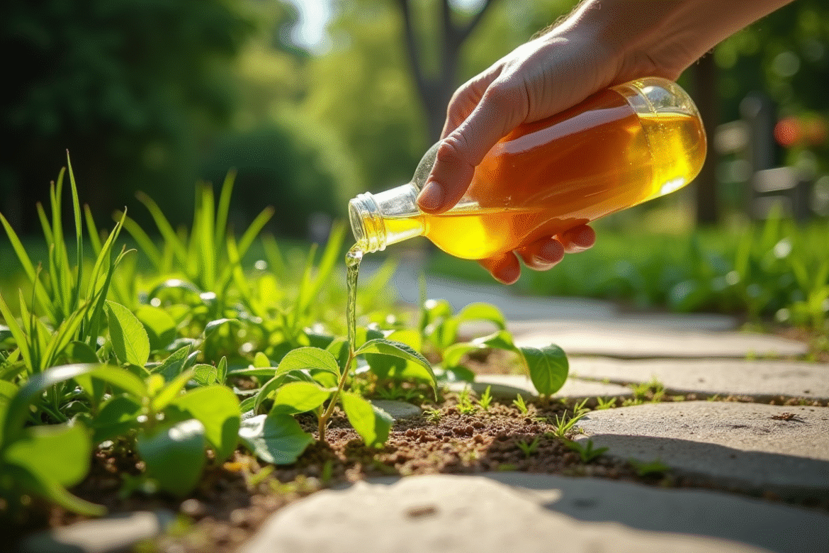 Main versant du vinaigre sur des mauvaises herbes dans un chemin en pierre