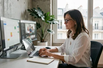 Femme professionnelle en visioconférence gérant le décalage horaire avec la Martinique depuis son bureau à domicile
