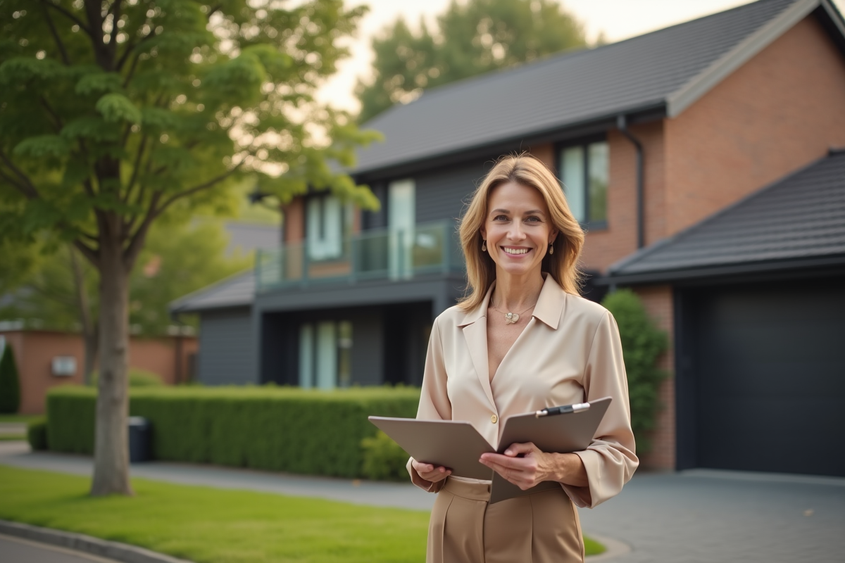 Femme discutant avec notaire devant maison résidentielle