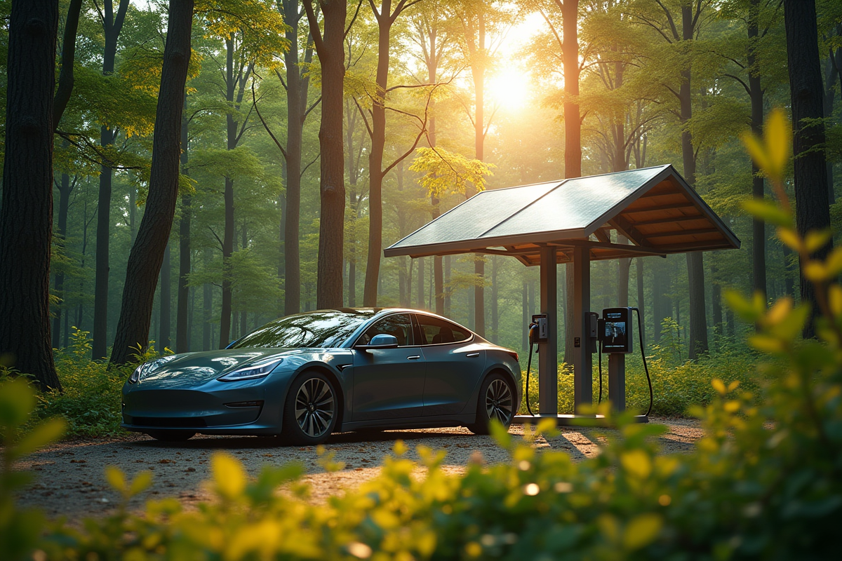Voiture électrique en charge dans une forêt ensoleillée