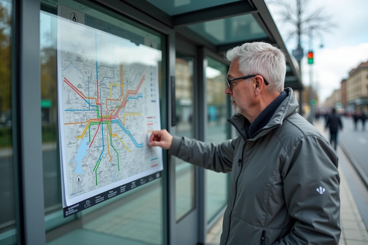 Homme consultant le plan du réseau de tramway de Bordeaux incluant les lignes E et F à un arrêt de tram