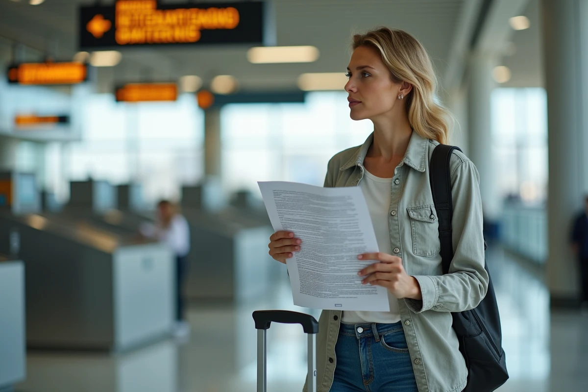 Voyageuse à l'aéroport espagnol consultant la réglementation sur les quantités de tabac autorisées en franchise de douane